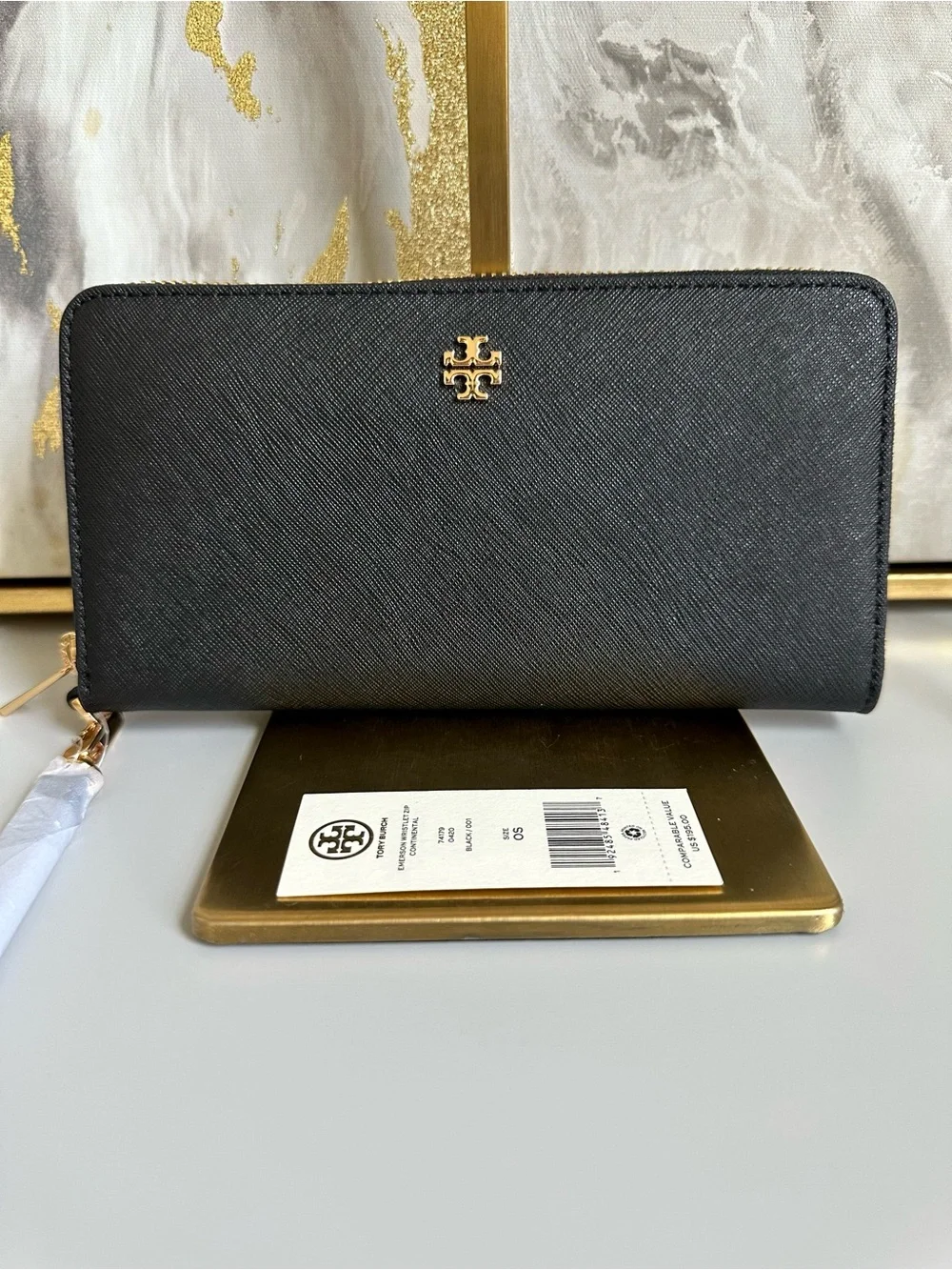 NWT Tory Burch Black Saffiano Zip-Around Wallet with Gold Logo